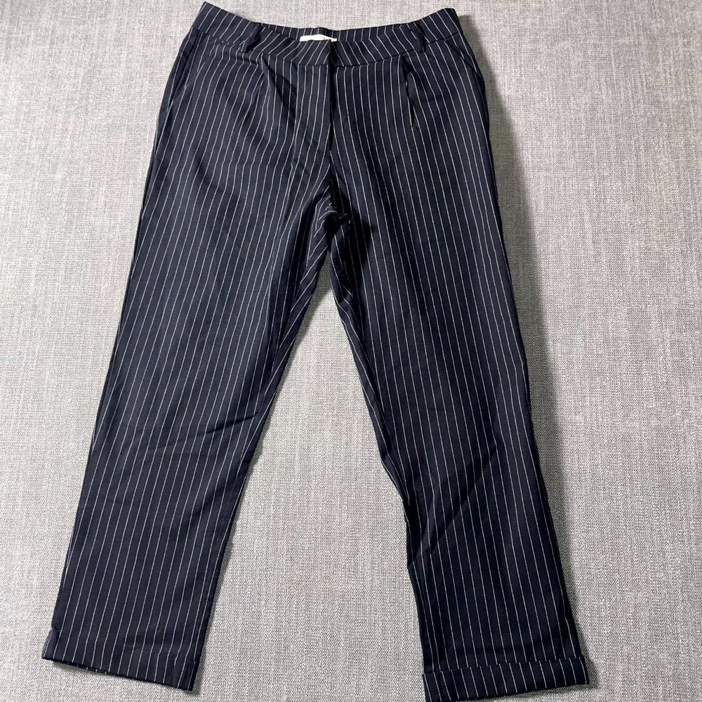 Active USA Dress Pants Womens Large Black Pinstripe Pleated Straight Leg Career
